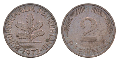 ФРГ 2 пфеннига 1972 J KM 106a, J.381a сталь плакированная медью 4618-1018