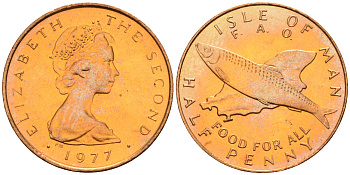 Остров Мэн 1/2 пенни 1977 рыба, FAO, продовольственная программа, Елизавета II (1952) KM 40 бронза UNC M18-15