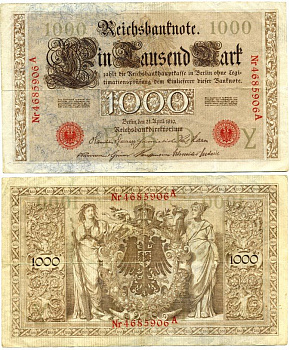 ГЕРМАНИЯ 1000 МАРОК 1910 КРАСНАЯ ПЕЧАТЬ, 7 ЦИФР В НОМЕРЕ Pick 44b бумага 6301-40-1-2