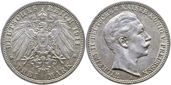 Пруссия 3 марки 1911 Вильгельм II (1888-1918) KM 527, J. 103 серебро 58-1035