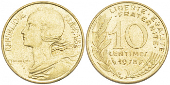 ФРАНЦИЯ 10 САНТИМОВ 1978 ТИП MARIANNE KM 929 медь алюминий никель 3955-638