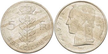 БЕЛЬГИЯ 5 ФРАНКОВ 1971 BELGIQUE, БОДУЭН I (1951-1993) KM 134.1 медно-никель 3999-655