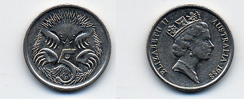 АВСТРАЛИЯ 5 ЦЕНТОВ 1988 ЕЛИЗАВЕТА II, ВТОРОЙ ПОРТРЕТ В КОРОНЕ, ЕХИДНА KM 80 медно-никель 62-2736