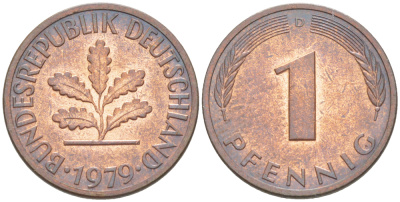 ФРГ 1 ПФЕННИГ 1979 D KM 105, J. 380 сталь плакированная медью 4181-636