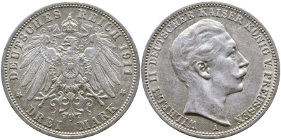 Пруссия 3 марки 1911 Вильгельм II (1888-1918) KM 527, J. 103 серебро 58-1035