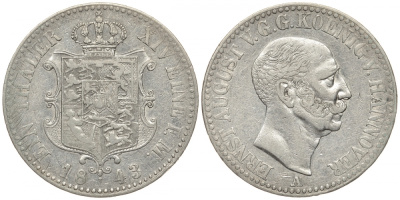 Ганновер 1 талер 1843 А, Эрнст Август (1837-1851) KM 197.1 серебро 00-000-00