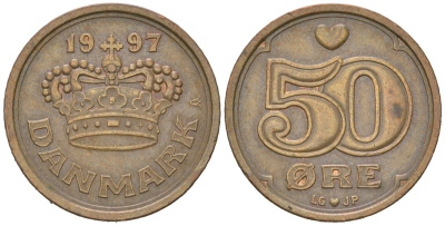 Дания 50 эре 1997 LG, Маргрете II (1972-) KM 866 бронза 213-1214