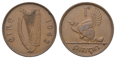 Ирландия 1 пенни 1942 курица с цыплятами KM 11 бронза 4672-635