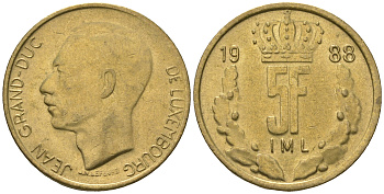 Люксембург 5 франков 1988 Герцог Жан (1964-1999) KM 60.1 медь алюминий никель 4448-432