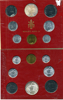 Ватикан набор из 8 монет 1966 1, 2, 5, 10, 20, 50, 100, 500 лир, в оригинальном буклете KM MS70 серебро UNC 8-1-01-02