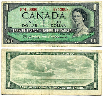 Канада 1 доллар 1954 подписи Beattie & Rasminsky, BABNC, серия U/P Pick 75b бумага 6285-1-1-2