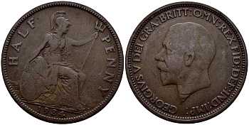 Великобритания 1/2 пенни 1934 Георг V (1910-1936) KM 837, Spink 4058 бронза 259-524
