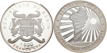 Бенин 1000 франков 1992 демократия и иновации, карта в лучах солнца KM 2 серебро PROOF 01-077-22
