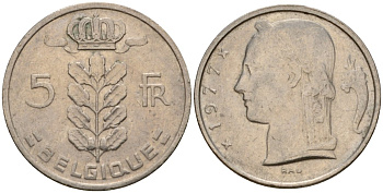 Бельгия 5 франков 1977 Belgique, Бодуэн I (1951-1993) KM 134 медно-никель 4397-355