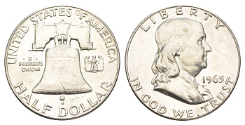 США 1/2 доллара (50 центов) 1963 Бенджамин Франклин, колокол KM 199 серебро  aUNC  4653-111