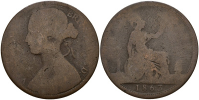 Великобритания 1 пенни 1863 Виктория (1837-1901) KM 749.2, Spink 3954 бронза 4149-1141
