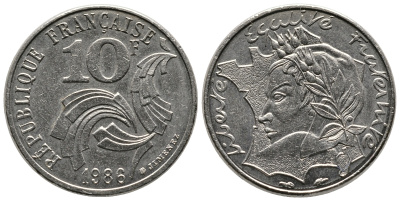 ФРАНЦИЯ 10 ФРАНКОВ 1986 РЕСПУБЛИКА KM 959 никель 80-525