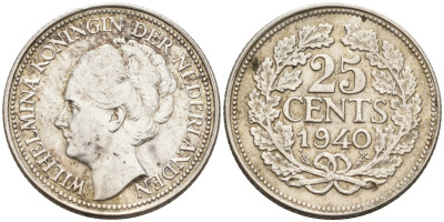 Нидерланды 25 центов 1940 Вильгельмина (1890-1948) KM 164 серебро 94-723