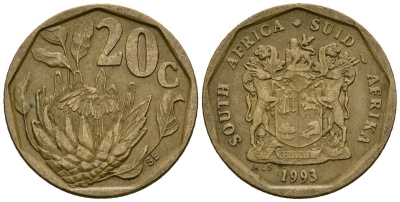 ЮАР 20 центов 1993 герб, цветок протея KM 136 сталь плакированная латунью 4173-963