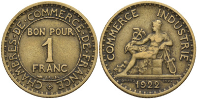 Франция 1 франк 1922 KM 876, Le Franc 218.5 алюминиевая бронза 4142-627