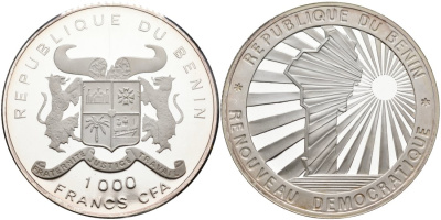 Бенин 1000 франков 1992 демократия и иновации, карта в лучах солнца KM 2 серебро PROOF 00-00
