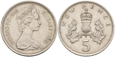 Великобритания 5 пенсов 1968 Елизавета II (1952-2022) KM 911, Spink 4233 (D1) медно-никель 4126-334