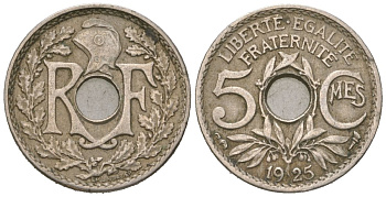 Франция 5 сантимов 1925 KM 875 медно-никель 4615-647