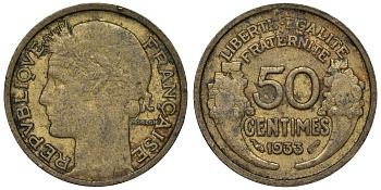 Франция 50 сантимов 1933 тип Morlon, open 9 KM 894.1, Le Franc 192.10 алюминиевая бронза 4124-346