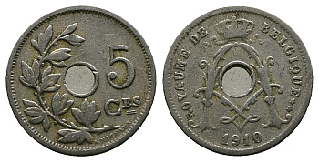 Бельгия 5 сантимов 1910 Belgique, Альберт I (1909-1934) KM 66 медно-никель 261-1056