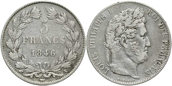Франция 5 франков 1846 А, Луи Филипп I (1830-1848) KM 749.1, Le Franc 325.10 серебро    633-1125