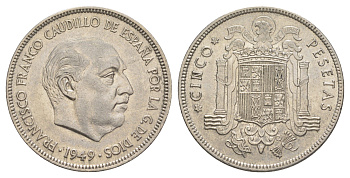 Испания 5 песет 1949 (50) Франсиско Франко (1939-1975) KM 778 никель aUNC 4645-323