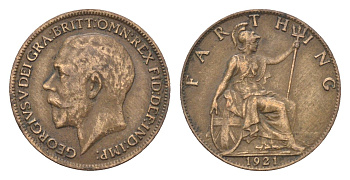 Великобритания 1 фартинг 1921 Георг V (1910-1936) KM 808.2, Spink 4060 бронза 4664-252