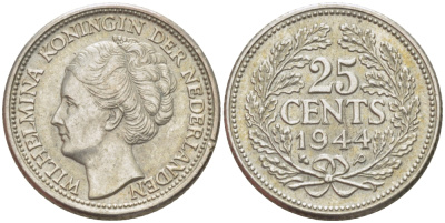Нидерланды 25 центов 1944 Вильгельмина (1890-1948) KM 164 серебро aUNC 66-1161