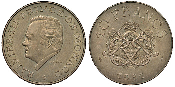 Монако 10 франков 1981 Ренье III (1949-2005) KM 154 медь алюминий никель 71-1413