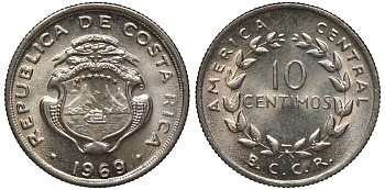 Коста-Рика 10 сентимо 1969 KM 185.2 медно-никель UNC M53-05