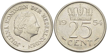 НИДЕРЛАНДЫ 25 ЦЕНТОВ 1954 ЮЛИАНА (1948-1980) KM 183 никель 214-921