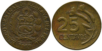 Перу 25 сентаво 1969 KM 246.2, Schon 51 латунь 4532-627