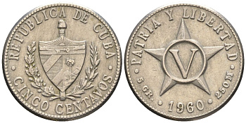 Куба 5 сентаво 1960 KM 11.3, Y 5b, Schoen 5 медно-никель 4116-616