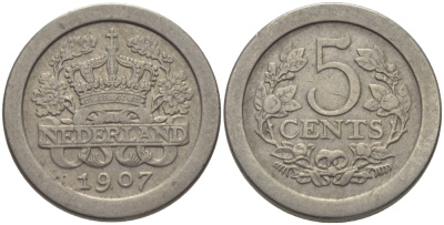 НИДЕРЛАНДЫ 5 ЦЕНТОВ 1907 ВИЛЬГЕЛЬМИНА (1890-1948) KM 137 медно-никель 100-114