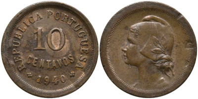 ПОРТУГАЛИЯ 10 СЕНТАВО 1940 РЕСПУБЛИКА, ГОЛОВА СВОБОДЫ ВЛЕВО КМ 573 бронза 202-325