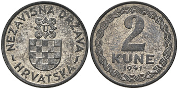 Хорватия 2 куны 1941 королевство KM 2 цинк aUNC 177-1452
