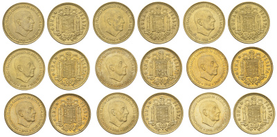 Испания полный набор выпуска из 9 монет (1 песета) 1966 (67-75) Франциско Франко (1939-1975) KM 796 алюминиевая бронза UNC 3458-351-359
