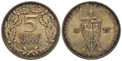 Германия 5 марок 1925 F, 1000 летие Рейнланда Weege 25, J. 322, KM 46 серебро 00-812-24