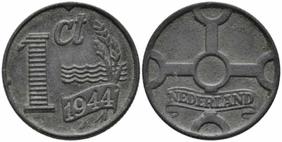 НИДЕРЛАНДЫ 1 ЦЕНТ 1944 ВИЛЬГЕЛЬМИНА (1890-1948) KM 170 цинк 112-446