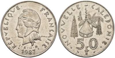 Французская Новая Каледония 50 франков 1987 хижина среди сосен и пальм, (IEOM) KM 13, Schoen 15, Lec 121 никель 4120-715