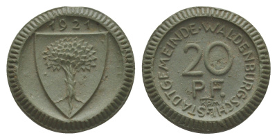 Вальденбург, Шлезиен 20 пфеннигов 1921 Men05 25902, Men18 32565, Scheuch 552 фарфор 1094-9-11