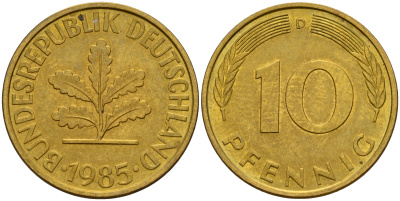 ФРГ 10 пфеннигов 1985 D J. 383, KM 108 сталь плакированная латунью    4603-535