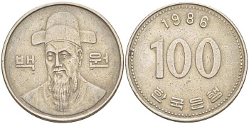 Южная Корея 100 вон 1986 Ли-Сунсин, корейский флотоводец KM 35.2 медно-никель 4514-1115