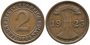 ГЕРМАНИЯ 2 РЕНТЕНПФЕННИГА 1923 A KM 31, J. 307 бронза 24-411