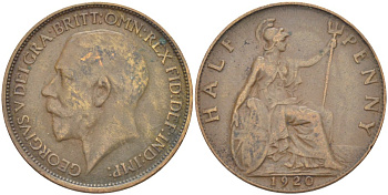 Великобритания 1/2 пенни 1920Георг V (1910-1936) KM 809, Spink 4056 бронза 4519-147